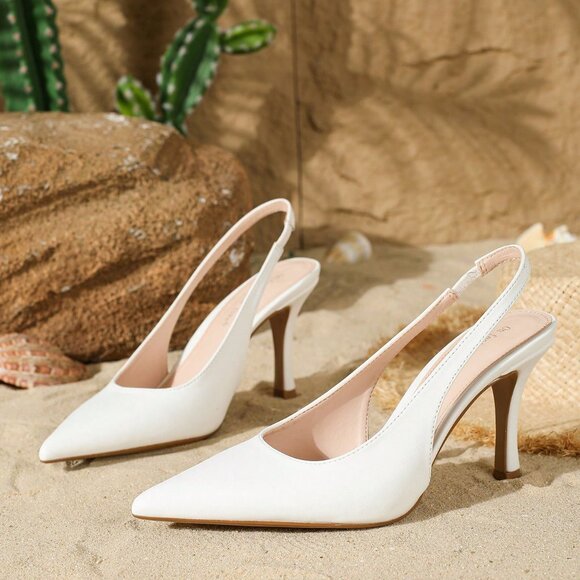 White Elegant Women's Backstrap Pointed Toe Stiletto Heels Pumps - Picture 4 of 5